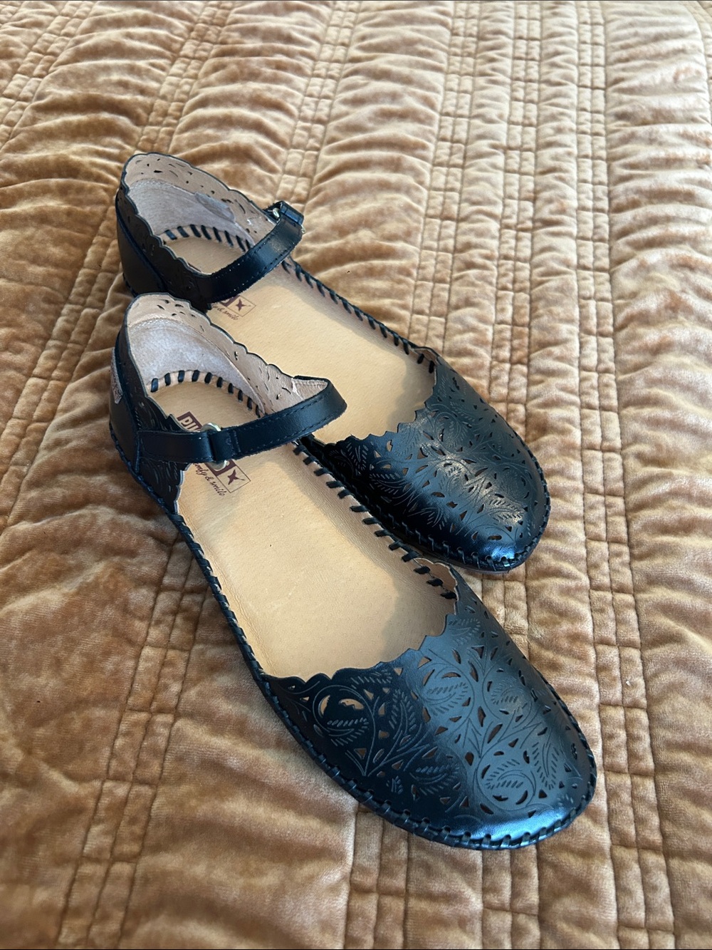 PIKOLINOS Black Laser-Cut Mary Jane Flats with Ankle Strap